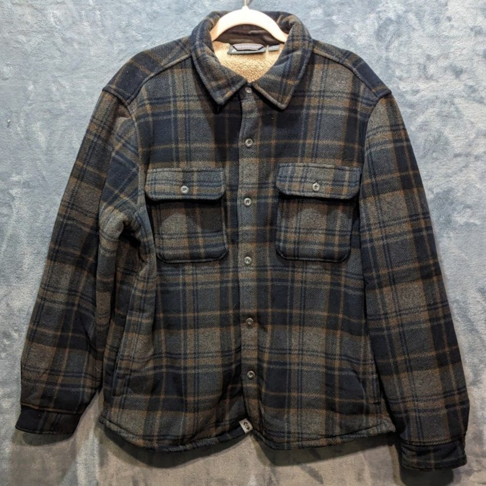 Free Country Mens Plaid Fleece Shirt Jacket Sherpa Lined Blue Brown Grey L